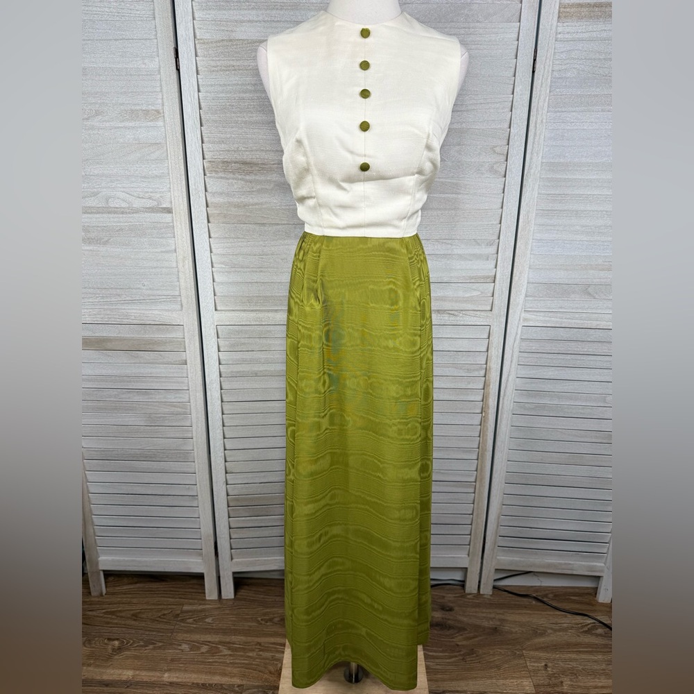 MIDGE GRANT Vintage 1970's Satin Moire/Linen Sleeveless Maxi Dress Ivory/Green-8
